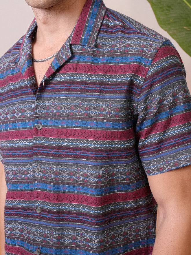 Locomotive Premium Men Multi Jacquard Printed Cuban Collar Relaxed Shirt - Multi - Image 5