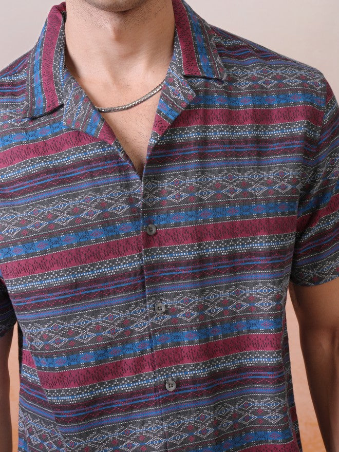 Locomotive Premium Men Multi Jacquard Printed Cuban Collar Relaxed Shirt - Multi - Image 7