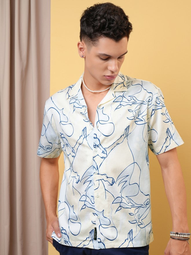 Locomotive Premium Men Yellow Printed Cuban Collar Relaxed Shirt - Yellow - Image 1