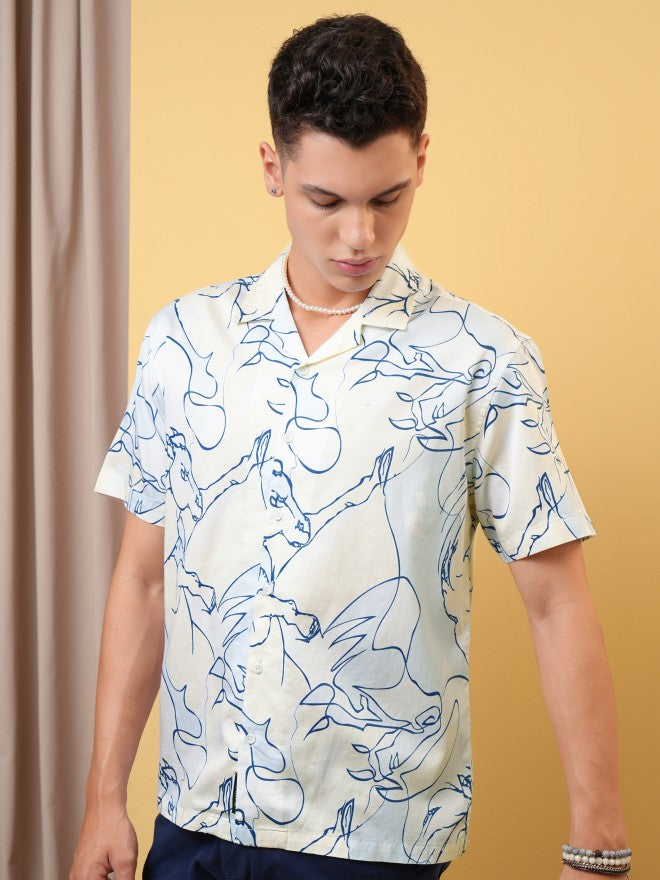 Locomotive Premium Men Yellow Printed Cuban Collar Relaxed Shirt - Yellow - Image 4