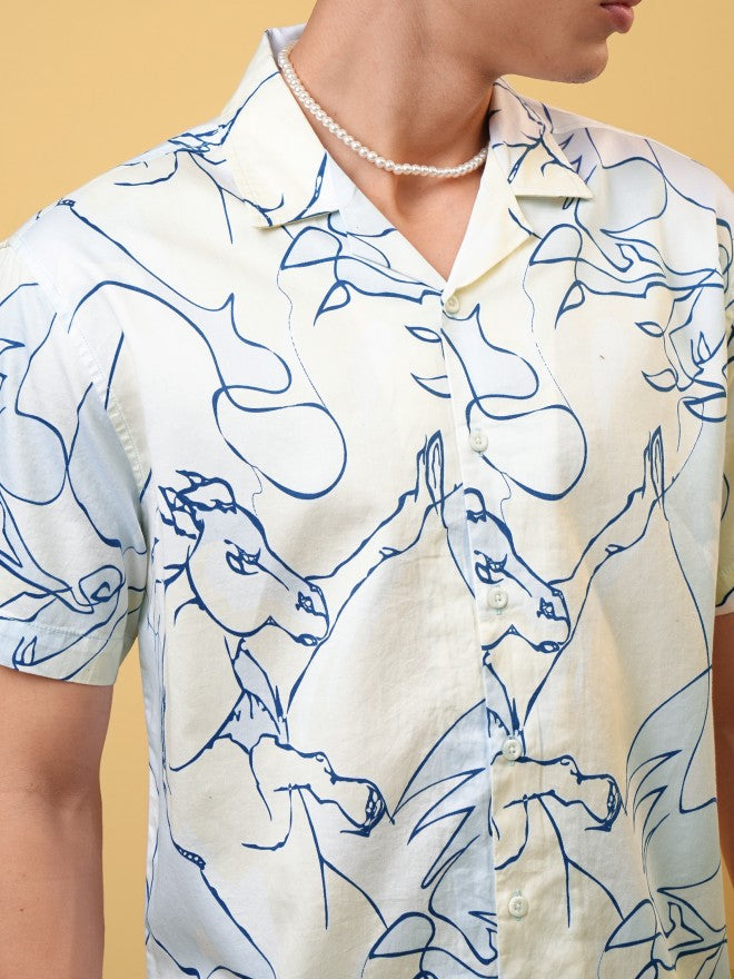 Locomotive Premium Men Yellow Printed Cuban Collar Relaxed Shirt - Yellow - Image 5