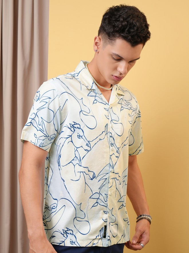Locomotive Premium Men Yellow Printed Cuban Collar Relaxed Shirt - Yellow - Image 6