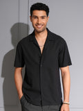 Locomotive Men Premium Black Cotton Linen Solid Cuban Collar Relaxed Fit Shirt - Black - Image 1
