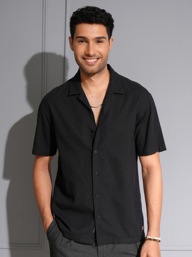 Locomotive Men Premium Black Cotton Linen Solid Cuban Collar Relaxed Fit Shirt - Black - Image 1