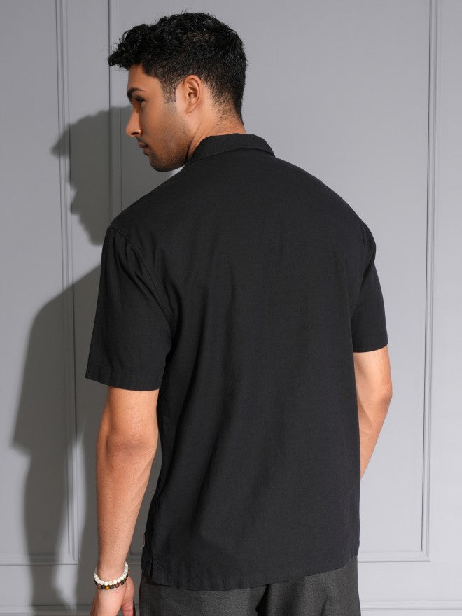 Locomotive Men Premium Black Cotton Linen Solid Cuban Collar Relaxed Fit Shirt - Black - Image 3