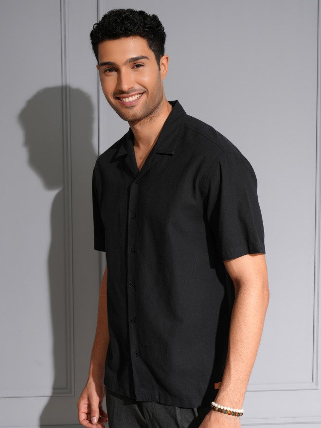 Locomotive Men Premium Black Cotton Linen Solid Cuban Collar Relaxed Fit Shirt - Black - Image 4