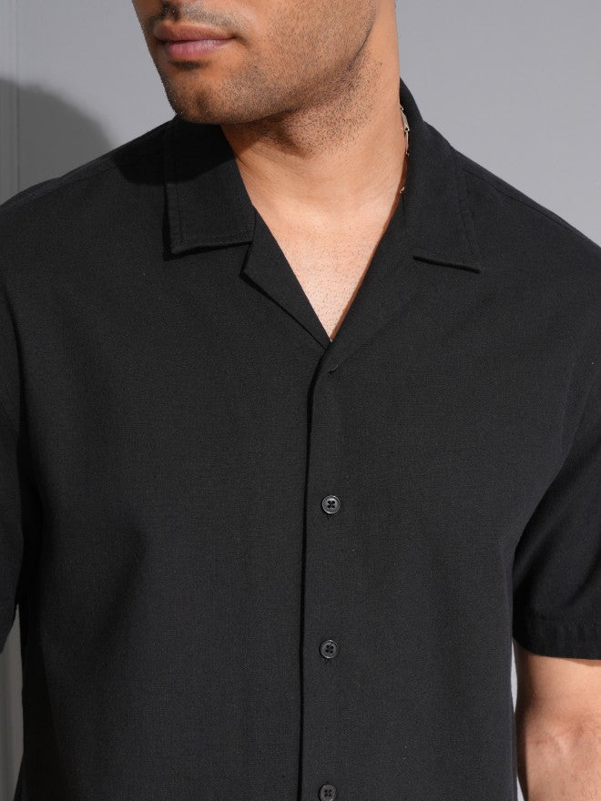 Locomotive Men Premium Black Cotton Linen Solid Cuban Collar Relaxed Fit Shirt - Black - Image 5