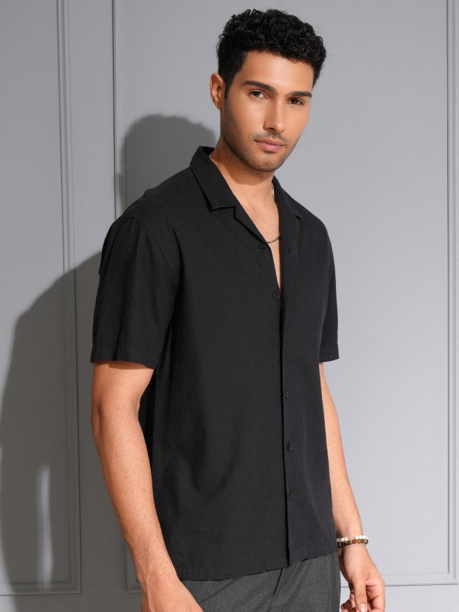 Locomotive Men Premium Black Cotton Linen Solid Cuban Collar Relaxed Fit Shirt - Black - Image 6