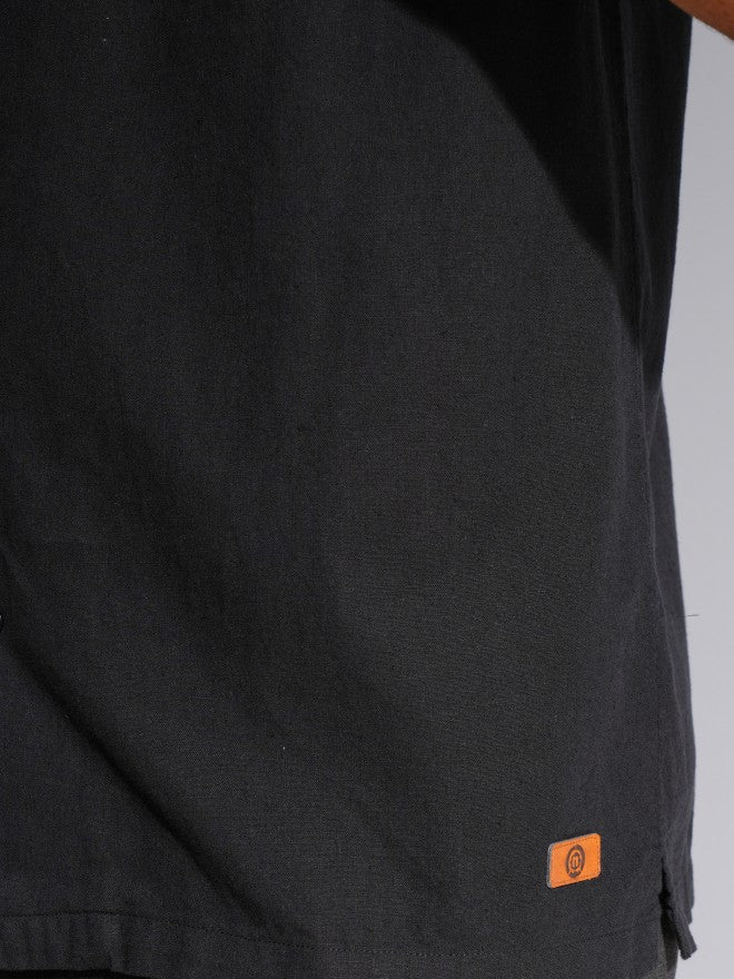 Locomotive Men Premium Black Cotton Linen Solid Cuban Collar Relaxed Fit Shirt - Black - Image 7