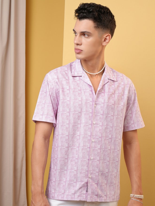 Locomotive Premium Men Pink Printed Cuban Collar Relaxed Shirt - Pink - Image 1