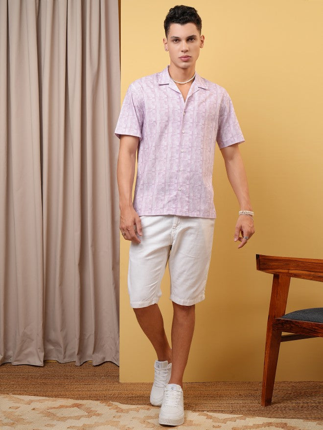 Locomotive Premium Men Pink Printed Cuban Collar Relaxed Shirt - Pink - Image 2