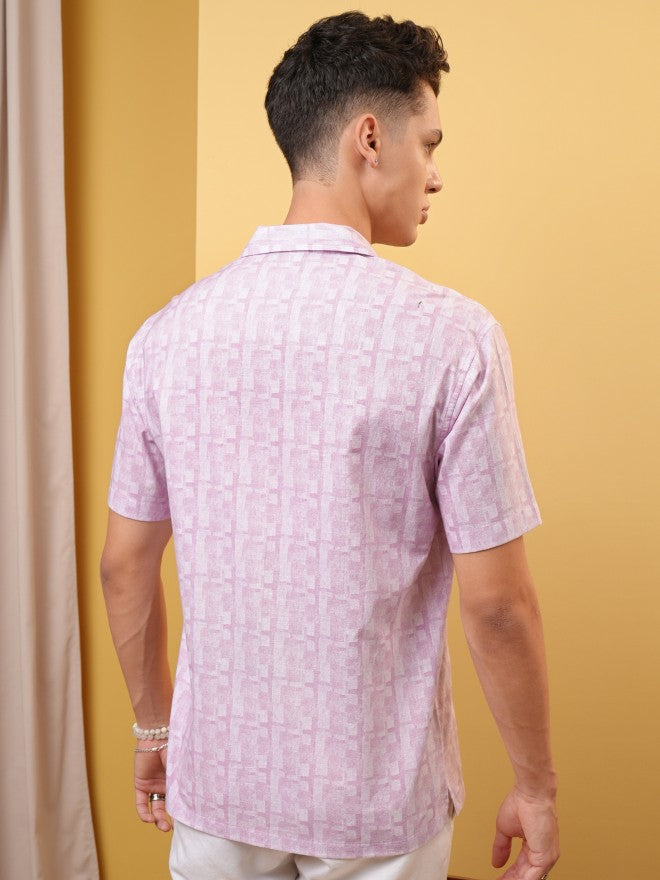 Locomotive Premium Men Pink Printed Cuban Collar Relaxed Shirt - Pink - Image 3
