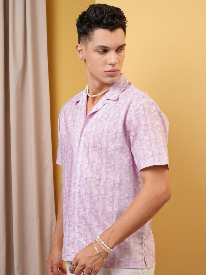 Locomotive Premium Men Pink Printed Cuban Collar Relaxed Shirt - Pink - Image 4