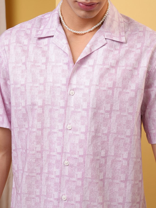 Locomotive Premium Men Pink Printed Cuban Collar Relaxed Shirt - Pink - Image 5
