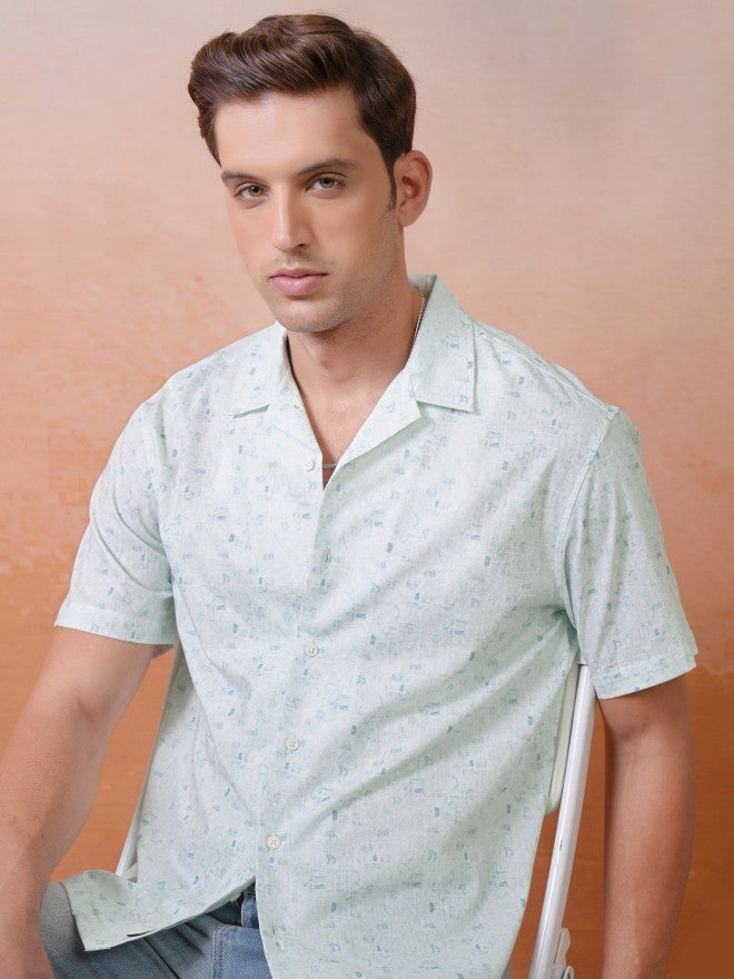 Locomotive Premium Men White Printed Cuban Collar Relaxed Shirt - White - Image 1