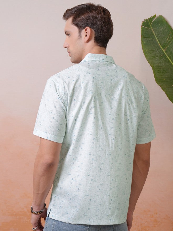 Locomotive Premium Men White Printed Cuban Collar Relaxed Shirt - White - Image 3