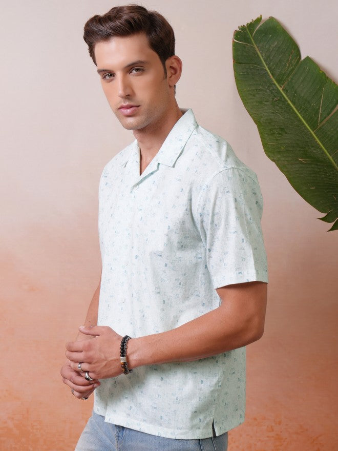 Locomotive Premium Men White Printed Cuban Collar Relaxed Shirt - White - Image 4