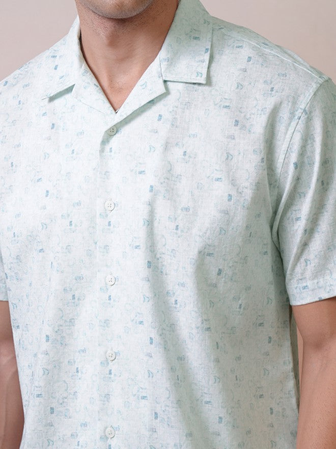 Locomotive Premium Men White Printed Cuban Collar Relaxed Shirt - White - Image 5