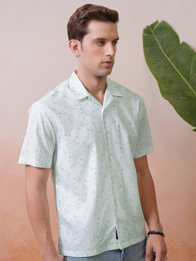 Locomotive Premium Men White Printed Cuban Collar Relaxed Shirt - White - Image 6