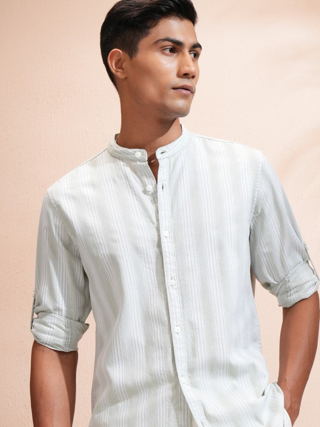 Locomotive Men Green Striped Regular Fit Casual Shirt - Green - Image 1