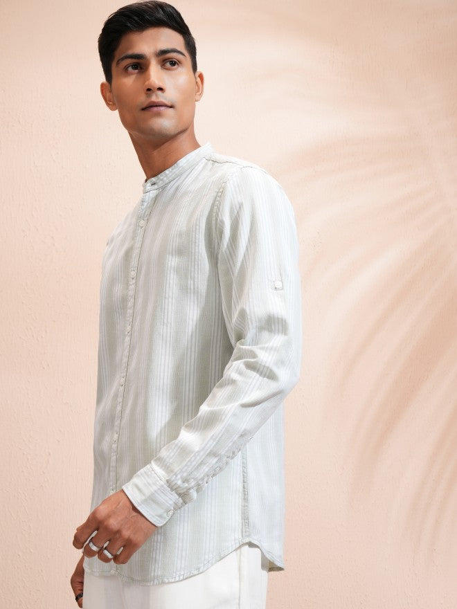 Locomotive Men Green Striped Regular Fit Casual Shirt - Green - Image 4