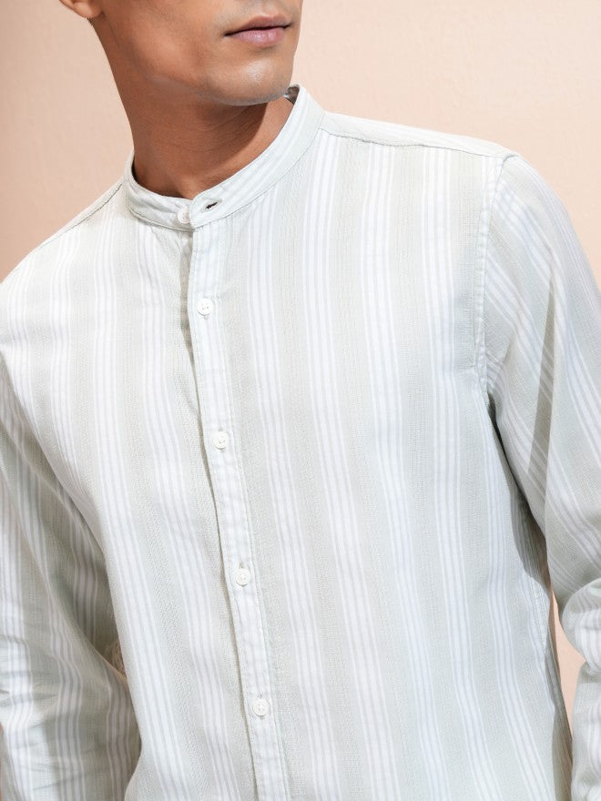 Locomotive Men Green Striped Regular Fit Casual Shirt - Green - Image 5