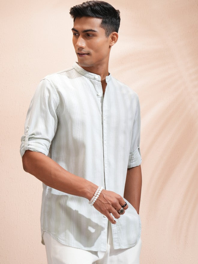 Locomotive Men Green Striped Regular Fit Casual Shirt - Green - Image 6