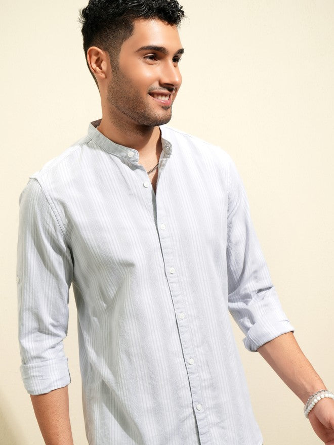 Locomotive Premium Men Grey Striped Regular Fit Casual Shirt - Grey - Image 1