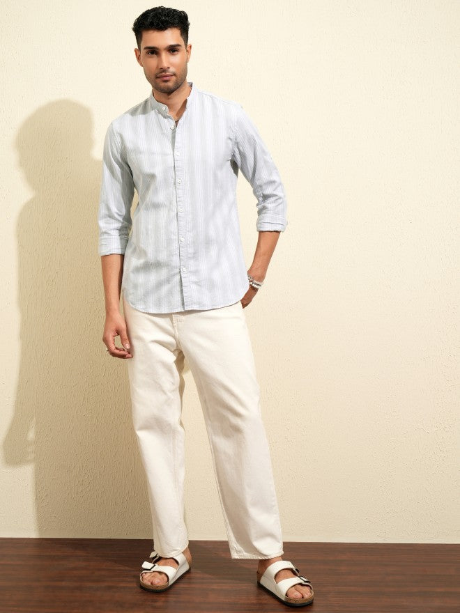 Locomotive Premium Men Grey Striped Regular Fit Casual Shirt - Grey - Image 2