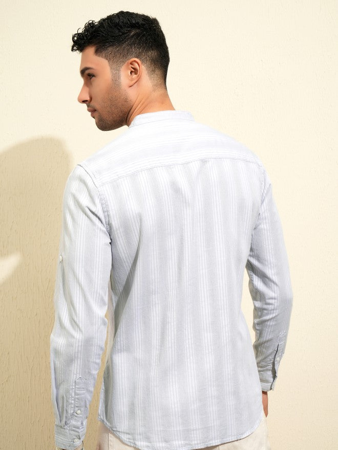 Locomotive Premium Men Grey Striped Regular Fit Casual Shirt - Grey - Image 3