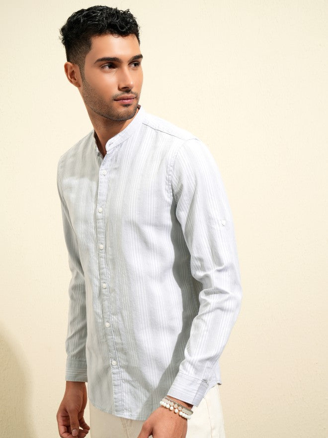 Locomotive Premium Men Grey Striped Regular Fit Casual Shirt - Grey - Image 4