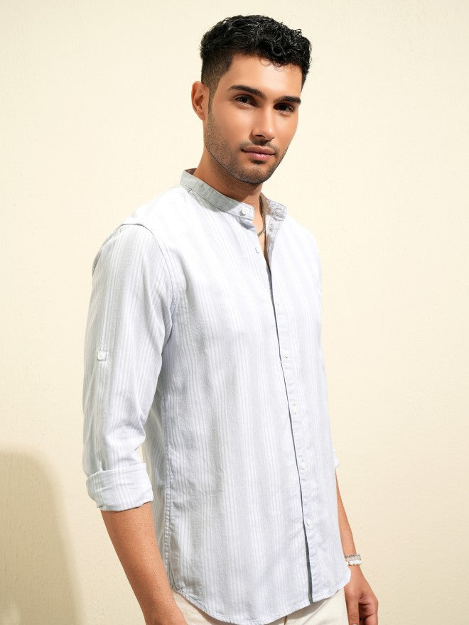 Locomotive Premium Men Grey Striped Regular Fit Casual Shirt - Grey - Image 6
