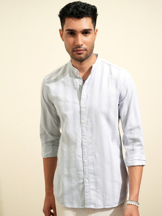 Locomotive Premium Men Grey Striped Regular Fit Casual Shirt - Grey - Image 7