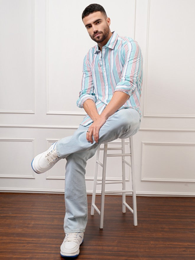 Locomotive Premium Men White Striped Regular Fit Casual Shirt - White - Image 2
