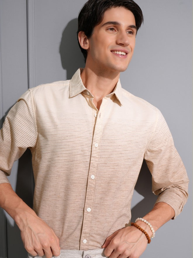 Locomotive Men Khaki Striped Regular Fit Casual Shirt - Khaki - Image 1