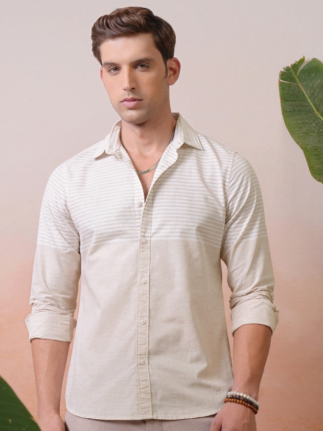 Locomotive Premium Men Fawn Engineered Striped Causal Shirt - Pink - Image 1