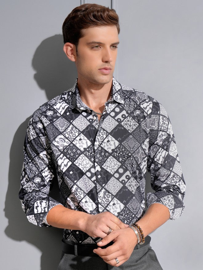 Locomotive Premium Men Black Satin Printed Occasion Shirt - Black - Image 1