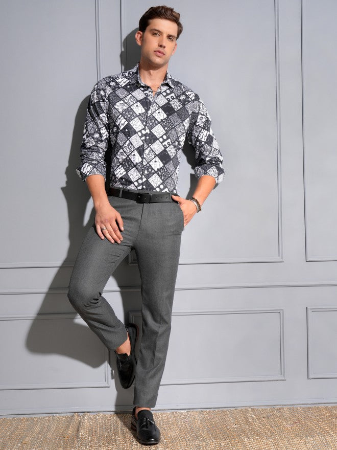 Locomotive Premium Men Black Satin Printed Occasion Shirt - Black - Image 2