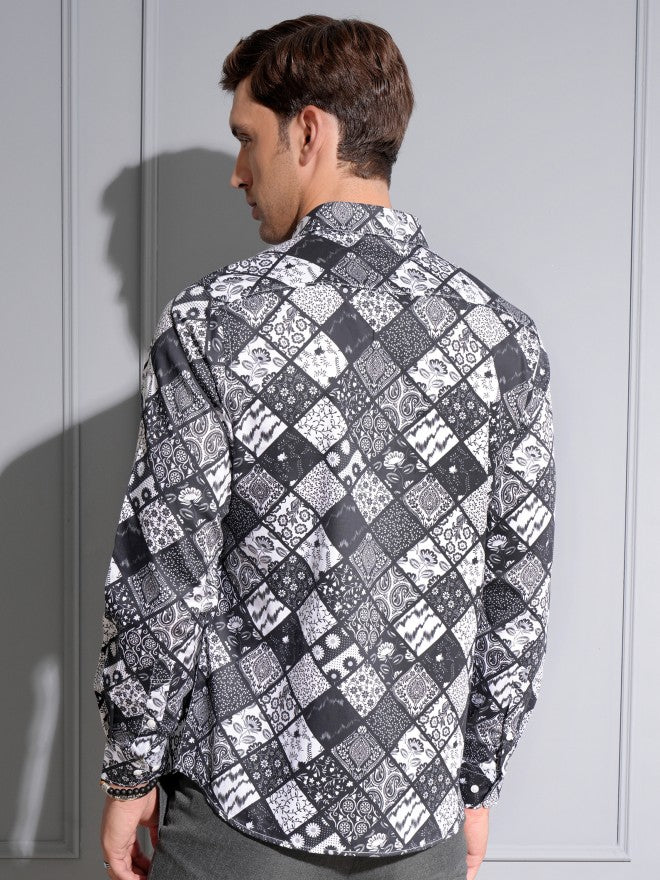 Locomotive Premium Men Black Satin Printed Occasion Shirt - Black - Image 3