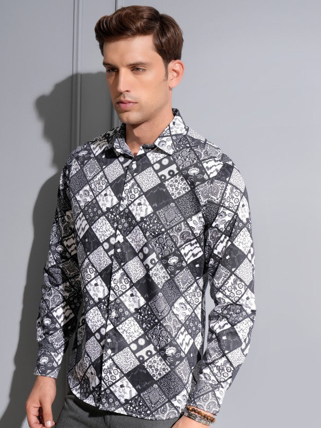 Locomotive Premium Men Black Satin Printed Occasion Shirt - Black - Image 4