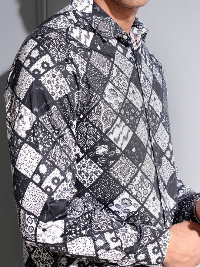 Locomotive Premium Men Black Satin Printed Occasion Shirt - Black - Image 5