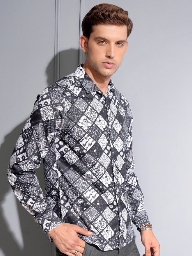 Locomotive Premium Men Black Satin Printed Occasion Shirt - Black - Image 6