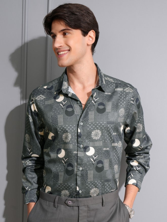 Locomotive Men Grey Printed Slim Fit Casual Shirt - Grey - Image 1