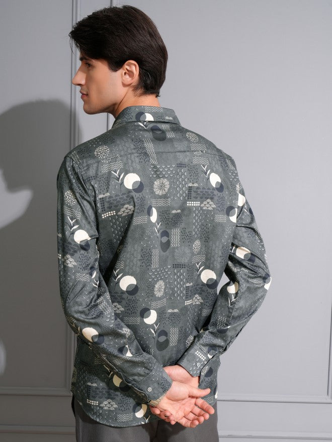 Locomotive Men Grey Printed Slim Fit Casual Shirt - Grey - Image 3