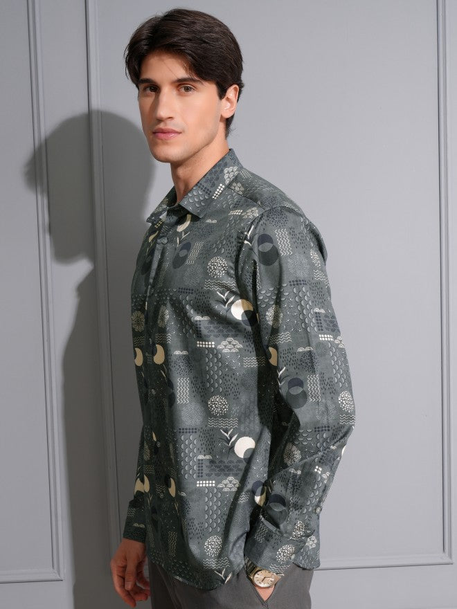 Locomotive Men Grey Printed Slim Fit Casual Shirt - Grey - Image 4