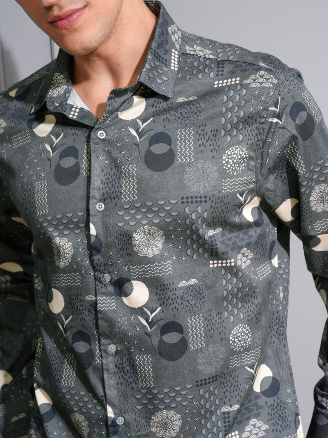 Locomotive Men Grey Printed Slim Fit Casual Shirt - Grey - Image 5
