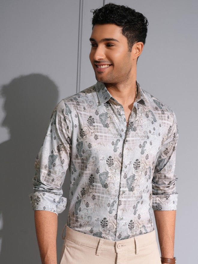 Locomotive Men Premium Grey Satin Printed Party Shirt - Grey - Image 1