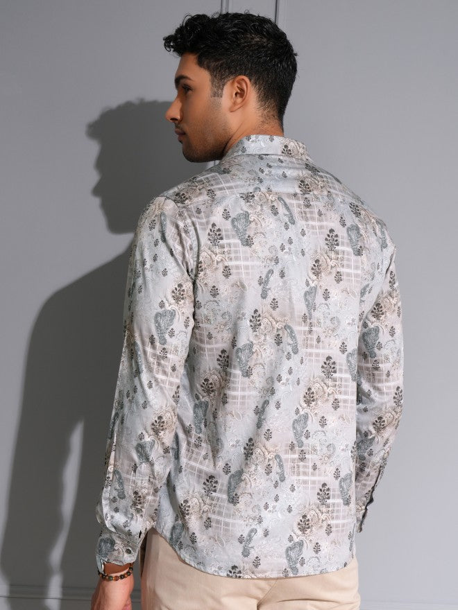 Locomotive Men Premium Grey Satin Printed Party Shirt - Grey - Image 3