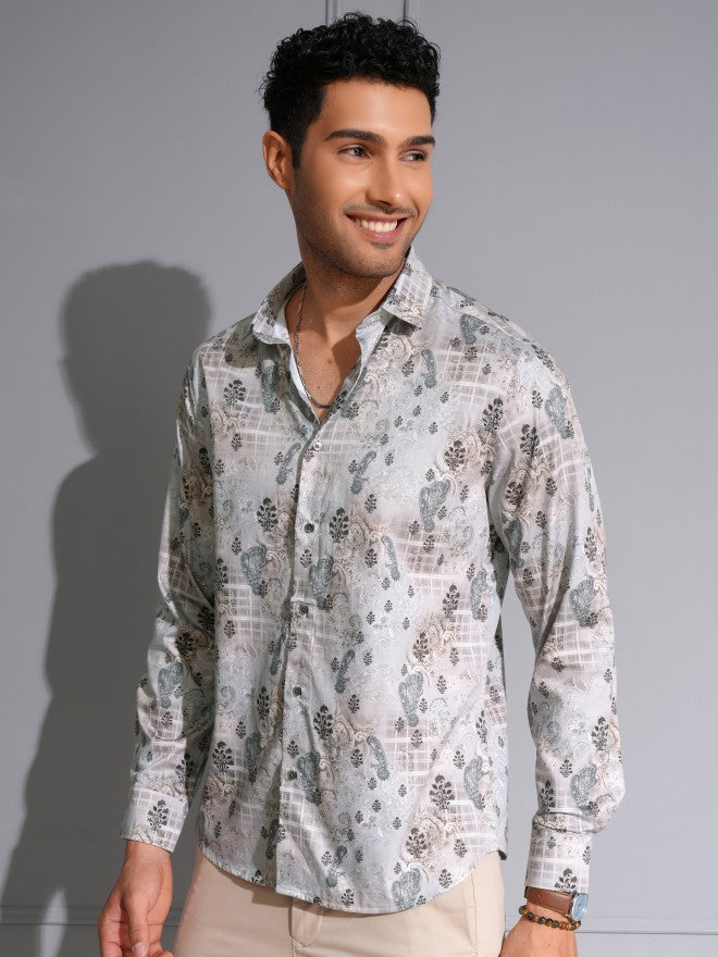 Locomotive Men Premium Grey Satin Printed Party Shirt - Grey - Image 4