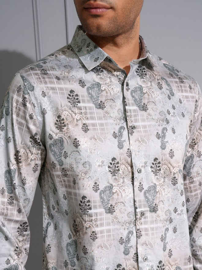 Locomotive Men Premium Grey Satin Printed Party Shirt - Grey - Image 5